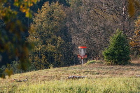 Disc golf basket in nature in Rezidence Kurzeme